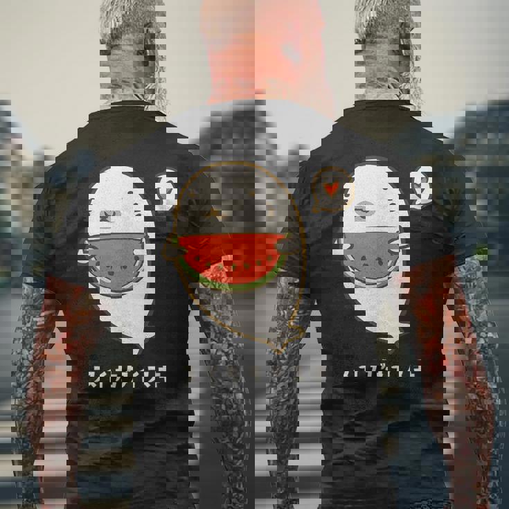 アザラシ 海豹 すいか スイカ大好き アザラシ かわいい イラスト アザラシ好き スイカ イラスト 手書き メンズTシャツ バックプリント 高齢者への贈り物