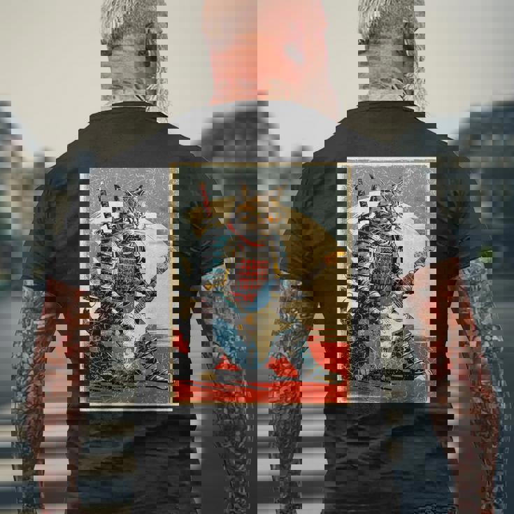 アニメ 日本の侍猫 エレキギターを弾くアートワーク メンズTシャツ バックプリント 高齢者への贈り物