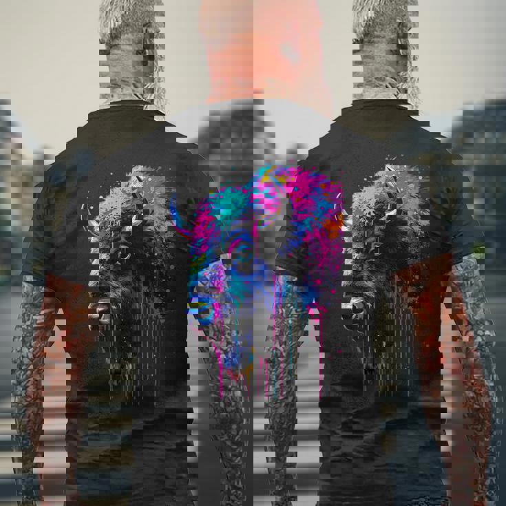 アメリカンバイソンカラーポップアート 美しいアメリカンバイソン愛好家 メンズTシャツ バックプリント 高齢者への贈り物