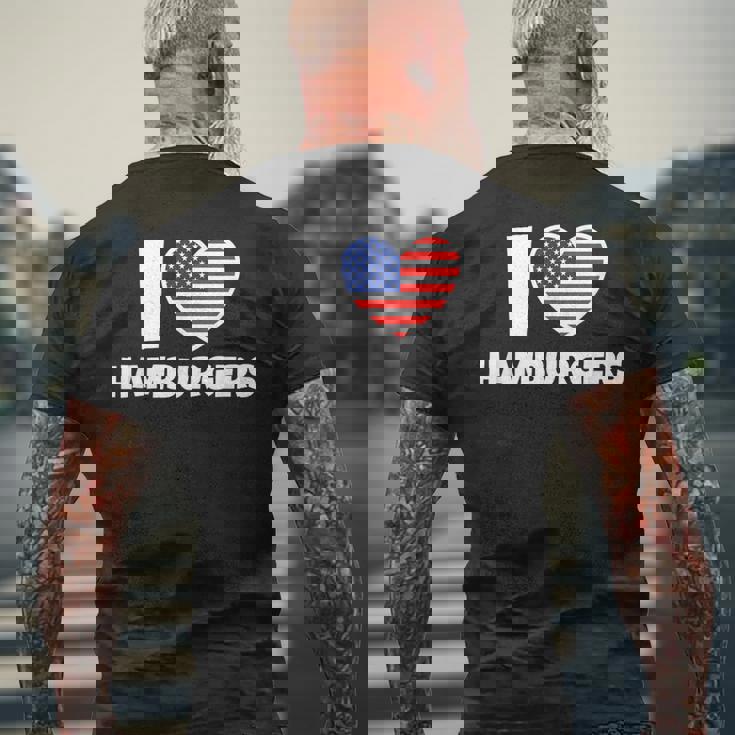 アメリカ国旗とハートのアイ・ラブ・ハンバーガー メンズTシャツ バックプリント 高齢者への贈り物