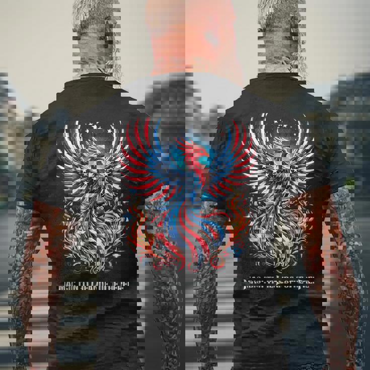 アメリカ神話 伝説のクリーチャー アメリカンフェニックス 自由の鳥 復活 火の鳥 メンズTシャツ バックプリント 高齢者への贈り物