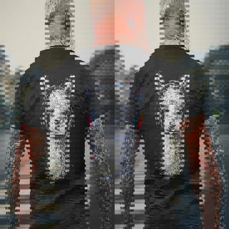 アルパカ アニマル モチーフ 音楽 ヘッドホン イラスト アルパカ メンズTシャツ バックプリント 高齢者への贈り物