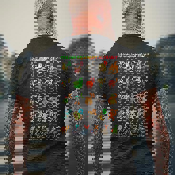 イタリアンブレインロットキャラクターの種類イタリアブレインロットアファベット メンズTシャツ バックプリント 高齢者への贈り物