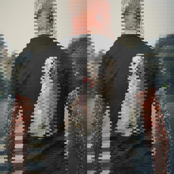 イングリッシュクリーム ゴールデンレトリバー 子犬 ピンク リボン クリーン ガール メンズTシャツ バックプリント 高齢者への贈り物