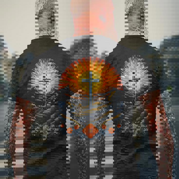 イースターデー クロスフラワー サンセット クリスチャン イースター メンズTシャツ バックプリント 高齢者への贈り物