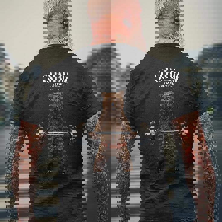ウェイトリフティング 筋トレ バーベル やる気がないなら家に帰れ グリズリーベア クマ メンズTシャツ バックプリント 高齢者への贈り物