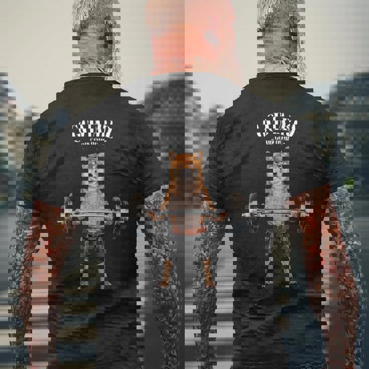 ウェイトリフティング 筋トレ バーベル やる気がないなら家に帰れ柴犬 しばいぬ 犬 メンズTシャツ バックプリント 高齢者への贈り物