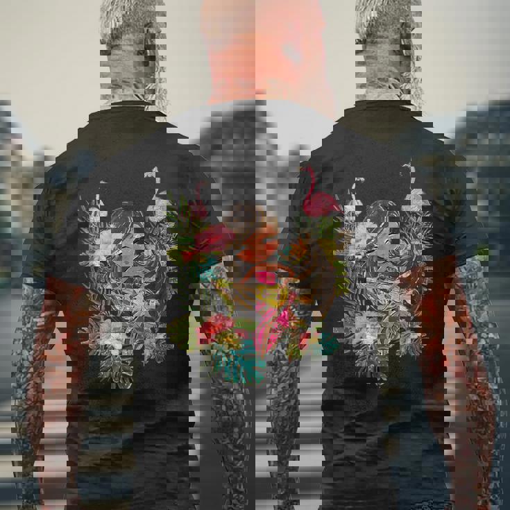 ウクレレフラガールティキバケーションハワイアンルアウビーチフラミンゴ メンズTシャツ バックプリント 高齢者への贈り物