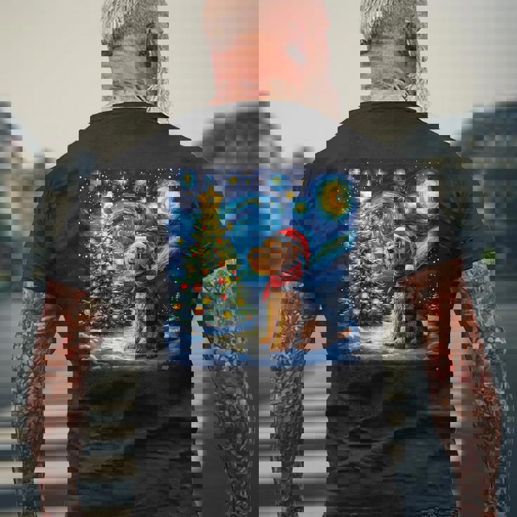 エアデール・テリア 星降る夜 クリスマス ゴッホ 犬の休日 メンズTシャツ バックプリント 高齢者への贈り物