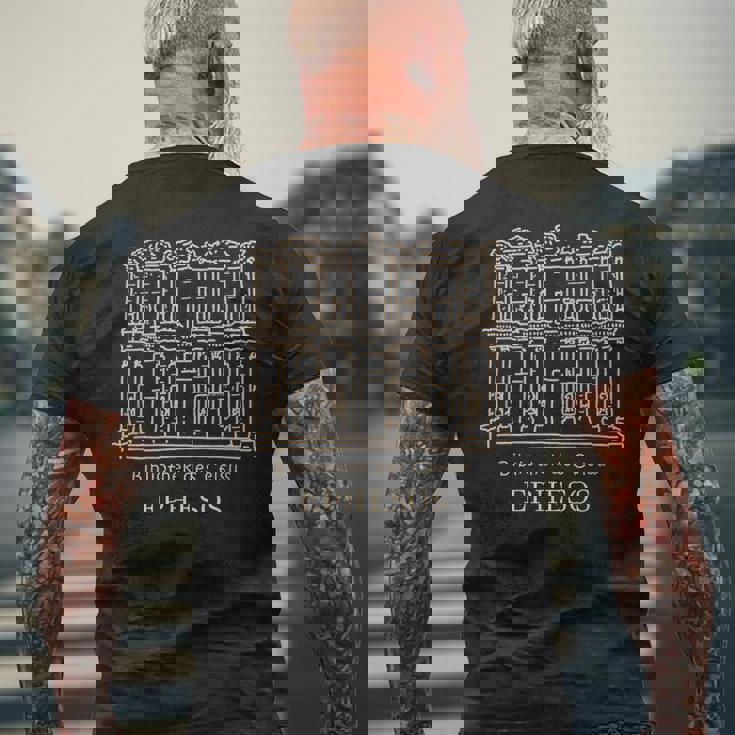 エフェソス、セルチュク、トルコ ケルスス図書館の図面 メンズTシャツ バックプリント 高齢者への贈り物