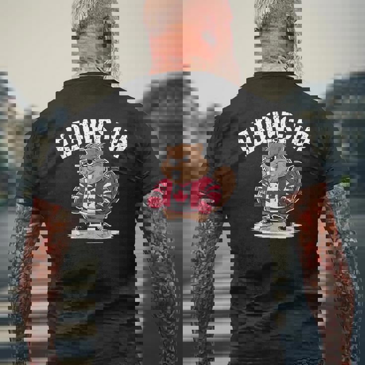 エルボーズ アップ ホッケー ビーバー カナダ人 誇り高き北 強くて自由 メンズTシャツ バックプリント 高齢者への贈り物