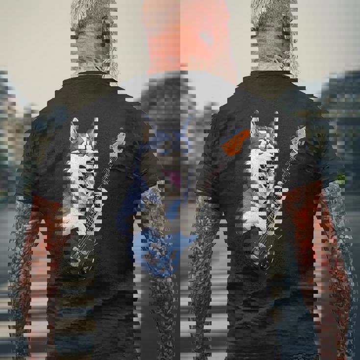 エレキギターを弾く面白いシベリアンハスキー犬ミュージシャン メンズTシャツ バックプリント 高齢者への贈り物