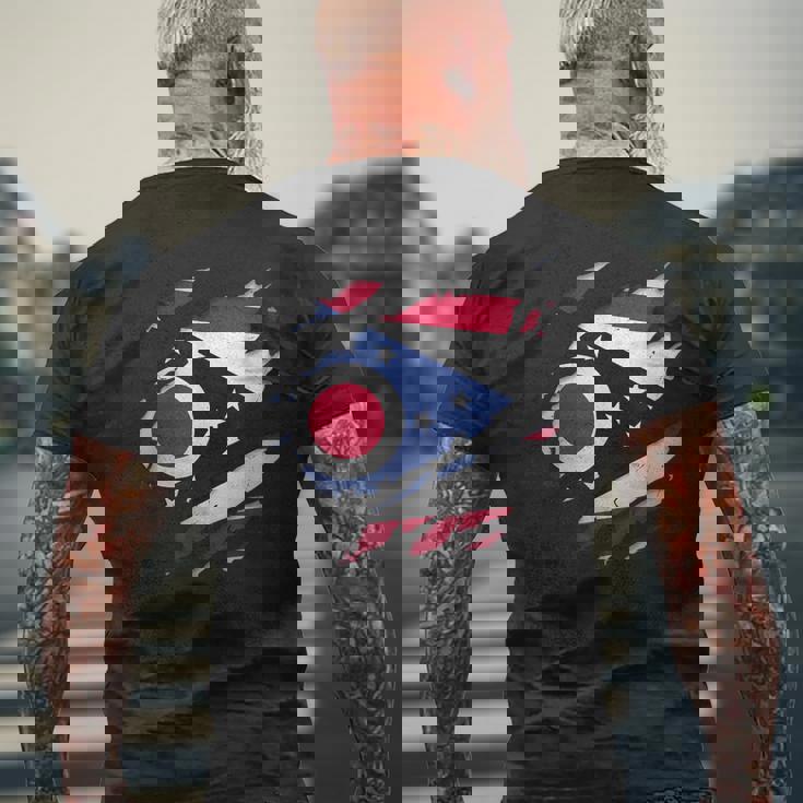 オハイオ州オハイオ州立大学 破れ加工 オハイオ州旗 メンズTシャツ バックプリント 高齢者への贈り物