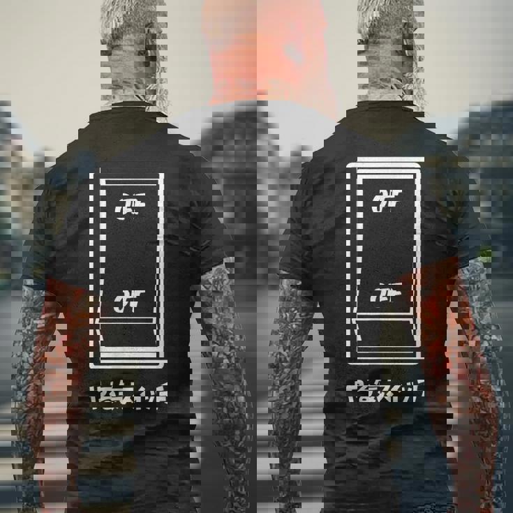 オフオフ やる気スイッチ ジョーク かわいい おやじギャグ ギャグ おもしろ メンズTシャツ バックプリント 高齢者への贈り物