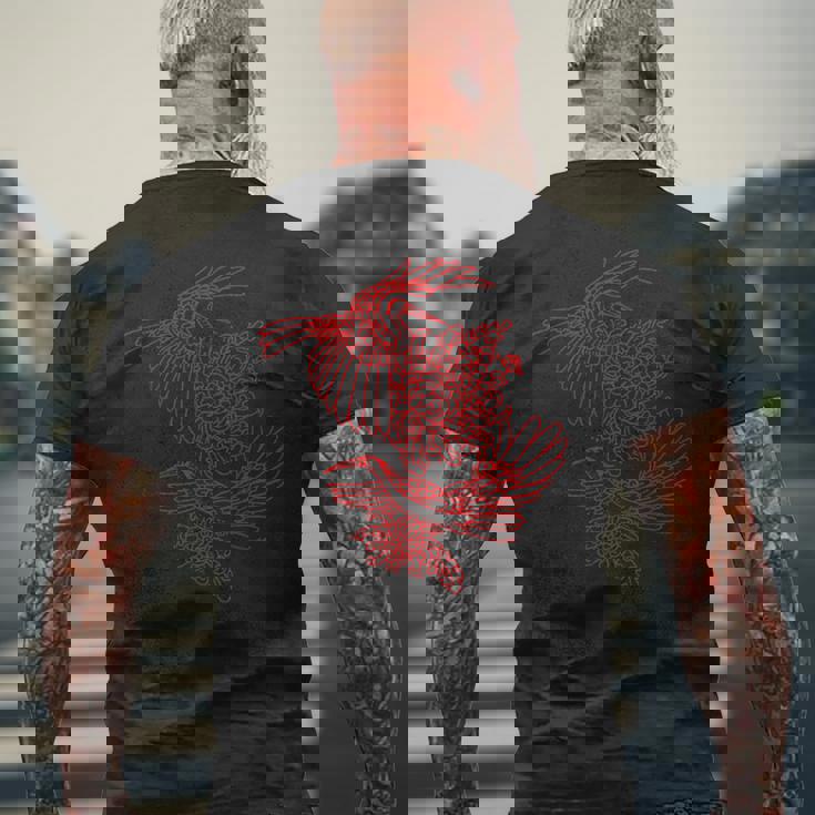 オリジナルツインサギと菊レッドラインアート メンズTシャツ バックプリント 高齢者への贈り物