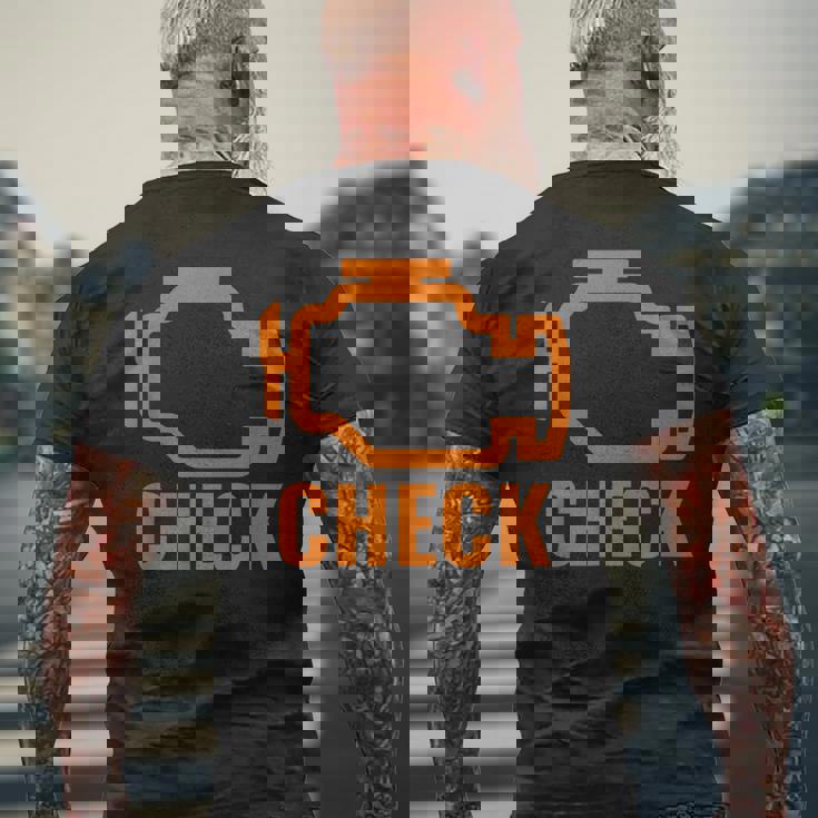 オレンジ色の車のエンジンダッシュボード警告灯 面白いメカニック。 メンズTシャツ バックプリント 高齢者への贈り物