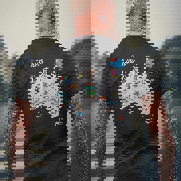 オーストラリアの地図。風景、動物、文化、シンボルのアイコン メンズTシャツ バックプリント 高齢者への贈り物