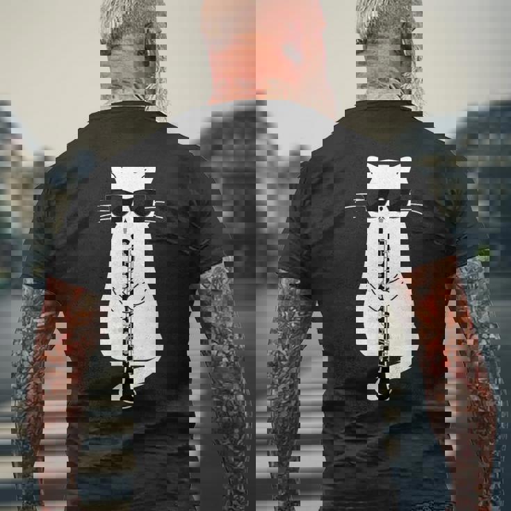 オーボエで遊ぶサングラスをかけた猫 メンズTシャツ バックプリント 高齢者への贈り物