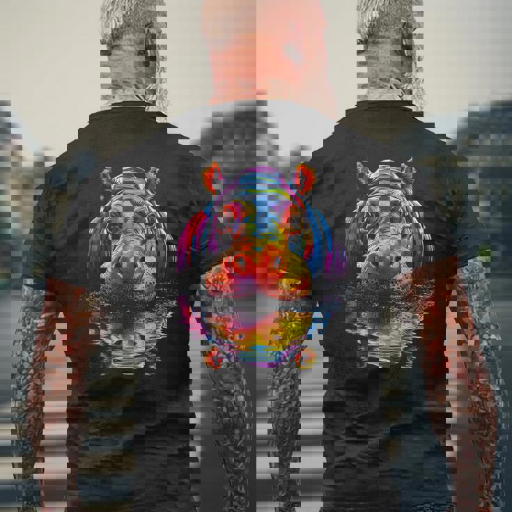 カバ カラフル アート 動物 かわいい グラフィック モチーフ カバ メンズTシャツ バックプリント 高齢者への贈り物