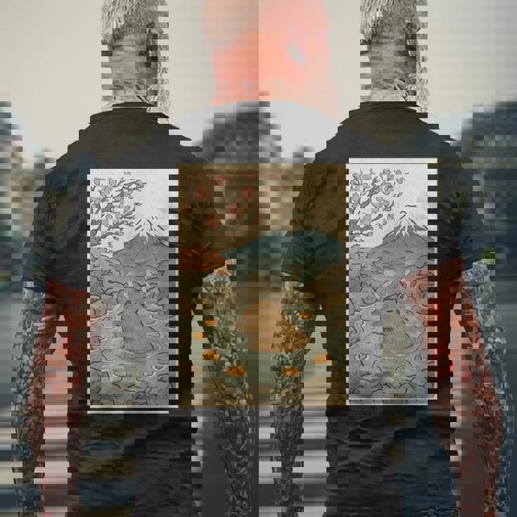 カピバラ 桜と温泉のカワイイアート メンズTシャツ バックプリント 高齢者への贈り物