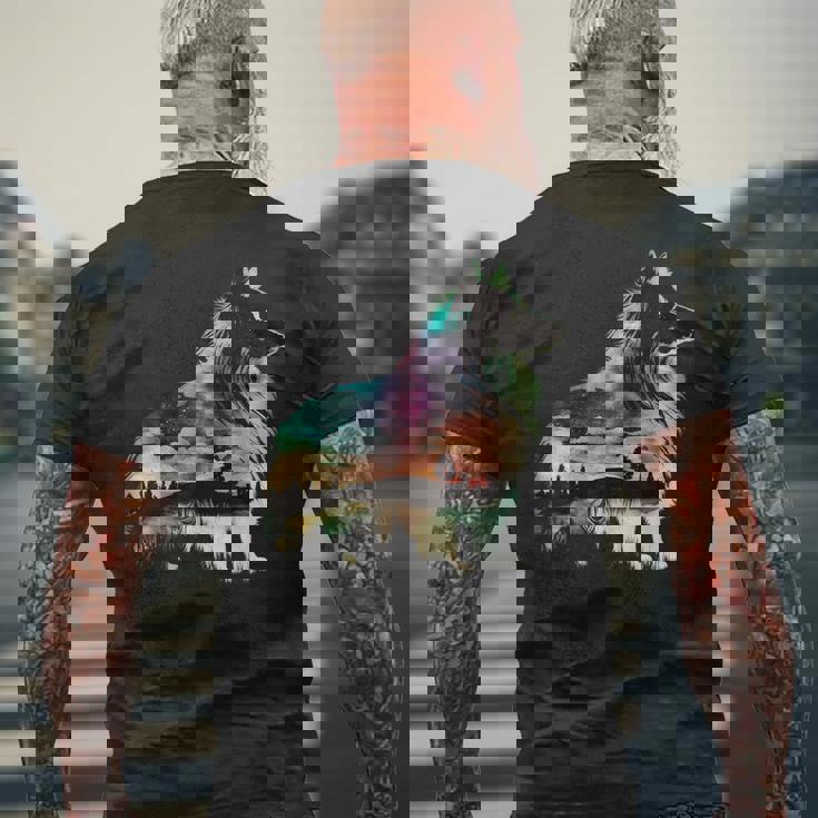 カラフル シェルティ 自然 シェットランド シープドッグ 反射 メンズTシャツ バックプリント 高齢者への贈り物