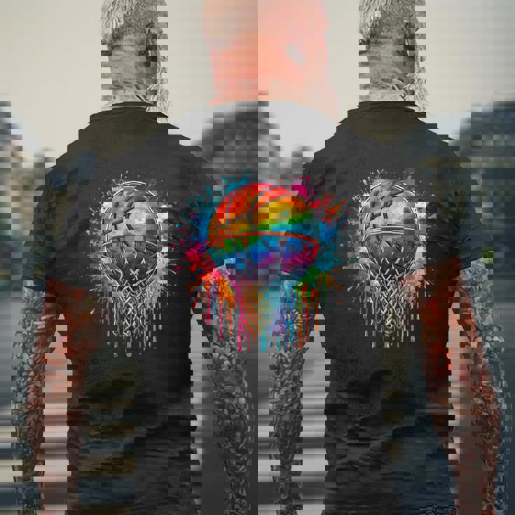 カラフル バスケットボール 絞り染め カラー スプラッシュ フープ ネット スラム ダンク メンズTシャツ バックプリント 高齢者への贈り物