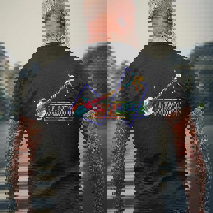 カラフル 三味線 三味線 三味線 三元楽器 メンズTシャツ バックプリント 高齢者への贈り物