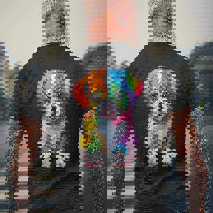 カラフルなかわいい子犬 愛らしい犬 メンズTシャツ バックプリント 高齢者への贈り物