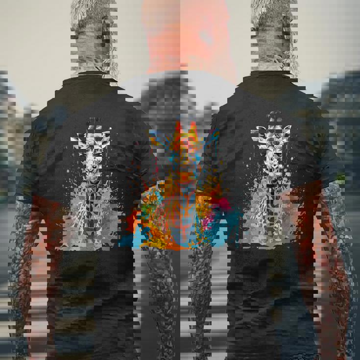 カラフルなキリン 動物 恋人 スプラッシュアート メンズTシャツ バックプリント 高齢者への贈り物