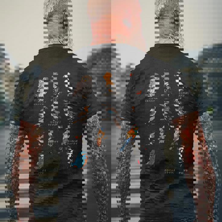 カワセミ ヒゲガラ ニシツノメドリ 鳥 動物 図 バードウォッチング 贈り物 鳥類学者 生物学者 自然科学 メンズTシャツ バックプリント 高齢者への贈り物