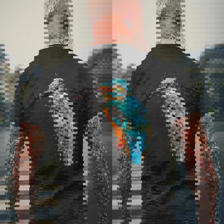 カワセミ 鳥 野生動物 動物 水彩 芸術的 ペインティング メンズTシャツ バックプリント 高齢者への贈り物