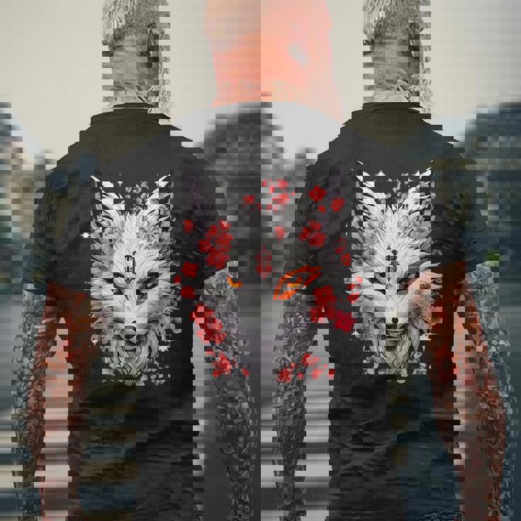 キツネ キツネ キツネ マスク アニメ カワイイ 桜 花 メンズTシャツ バックプリント 高齢者への贈り物