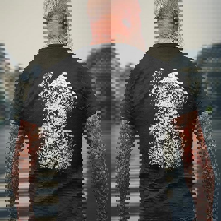 キノコや花があしらわれた骸骨の幻覚的なイラスト メンズTシャツ バックプリント 高齢者への贈り物