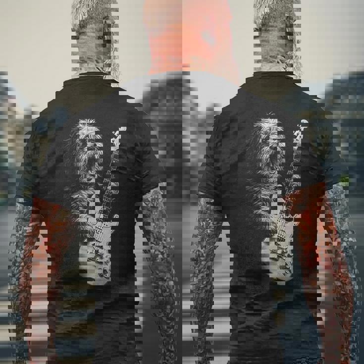 ギターを弾くハバニーズ犬 ロックミュージック 犬好き メンズTシャツ バックプリント 高齢者への贈り物