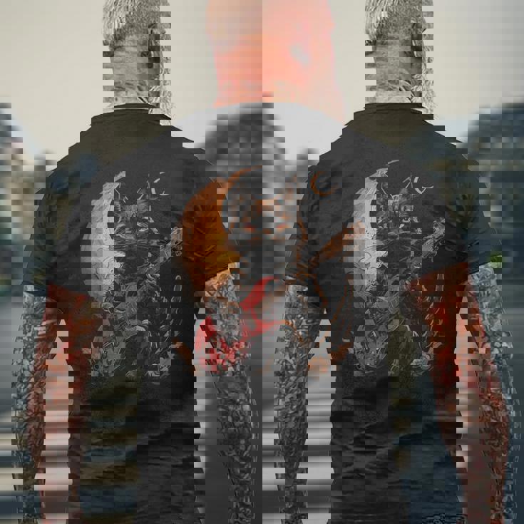 ギターを弾くロックキャット 面白いロックミュージックギター猫 メンズTシャツ バックプリント 高齢者への贈り物