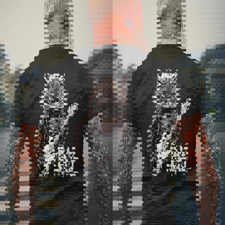 ギターを弾く猫 ヘヴィメタル ロックキャット おもしろギタリスト メンズTシャツ バックプリント 高齢者への贈り物