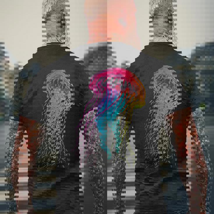 クラゲ カラフル ファンタジー 動物 アート グラフィック クラゲ メンズTシャツ バックプリント 高齢者への贈り物