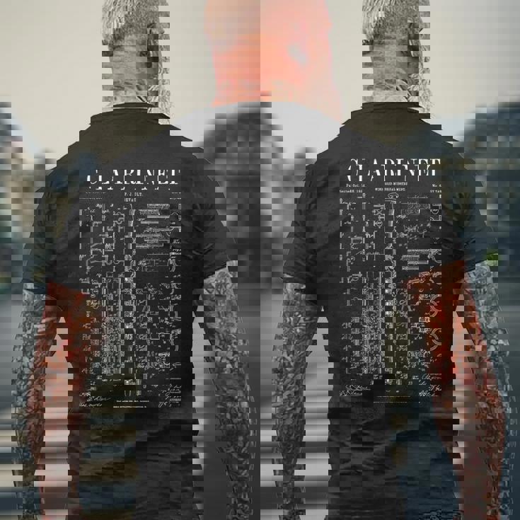 クラリネット ヴィンテージ 特許 クラリネット主義者 図面プリント メンズTシャツ バックプリント 高齢者への贈り物