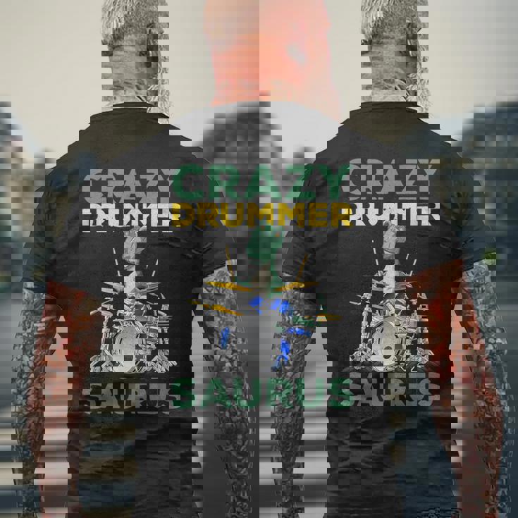 クレイジードラマー ザウルス ドラムプレーヤー ドラム 音楽プレーヤー 恐竜 メンズTシャツ バックプリント 高齢者への贈り物