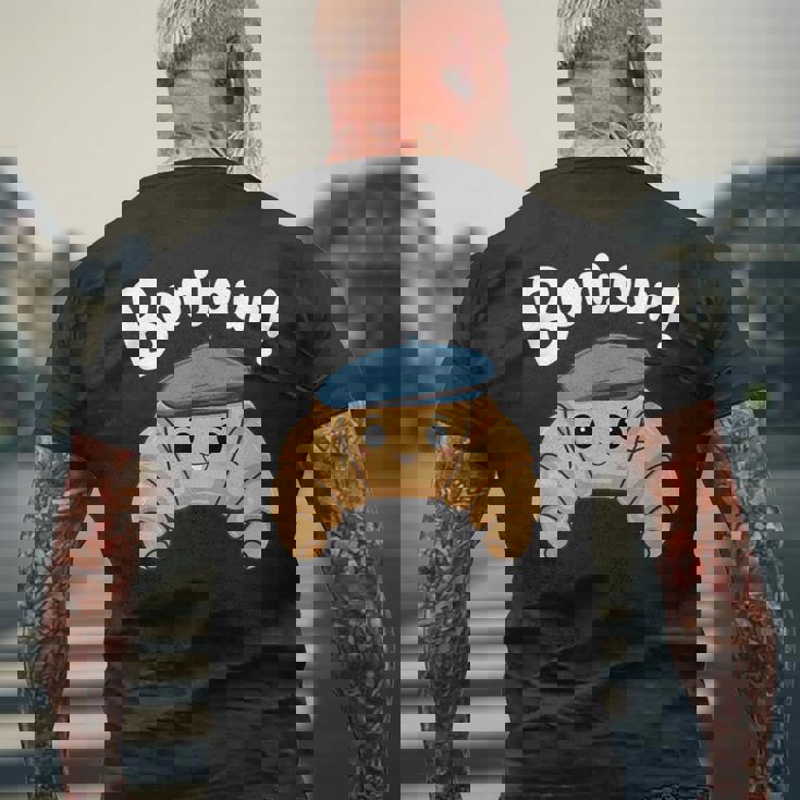 クロワッサン ボンジュール フレンチ 挨拶 フランス ベーキング 朝食 メンズTシャツ バックプリント 高齢者への贈り物