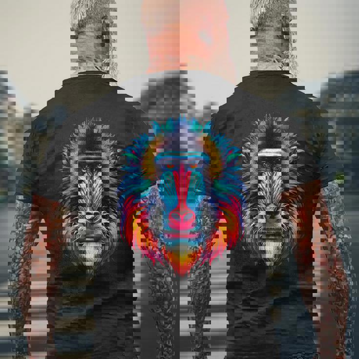 クール マンドリル 猿の精霊 動物 イラスト 絞り染め アート メンズTシャツ バックプリント 高齢者への贈り物