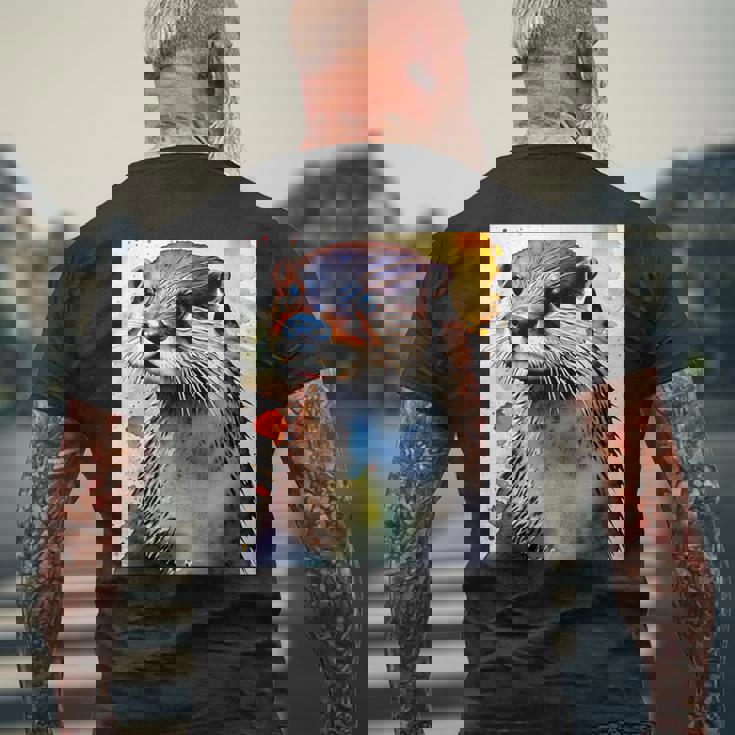 コツメカワウソ【どうぶつフレンズ】水彩画 動物 かわいい おしゃれ イラスト メンズTシャツ バックプリント 高齢者への贈り物