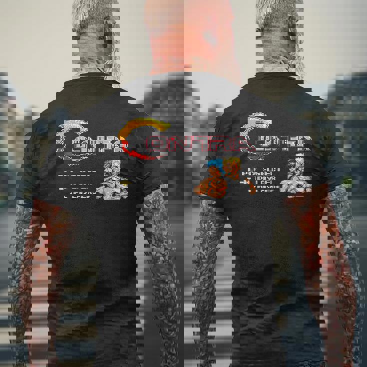 コントラ タイトル スクリーン レトロ ゲーマー ピクセル ウォリアー クラシック ゲーム メンズTシャツ バックプリント 高齢者への贈り物