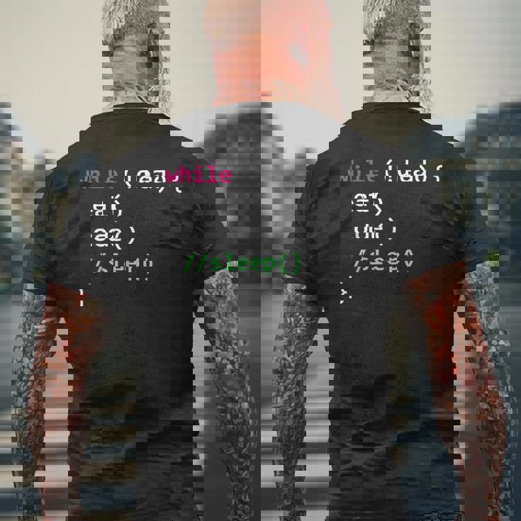 コンピュータサイエンスのpythonプログラマはコードの睡眠を食べます メンズTシャツ バックプリント 高齢者への贈り物