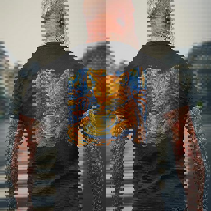 ゴッホ 猫 絵画 面白い 芸術的 猫 コーヒー愛好家 メンズTシャツ バックプリント 高齢者への贈り物