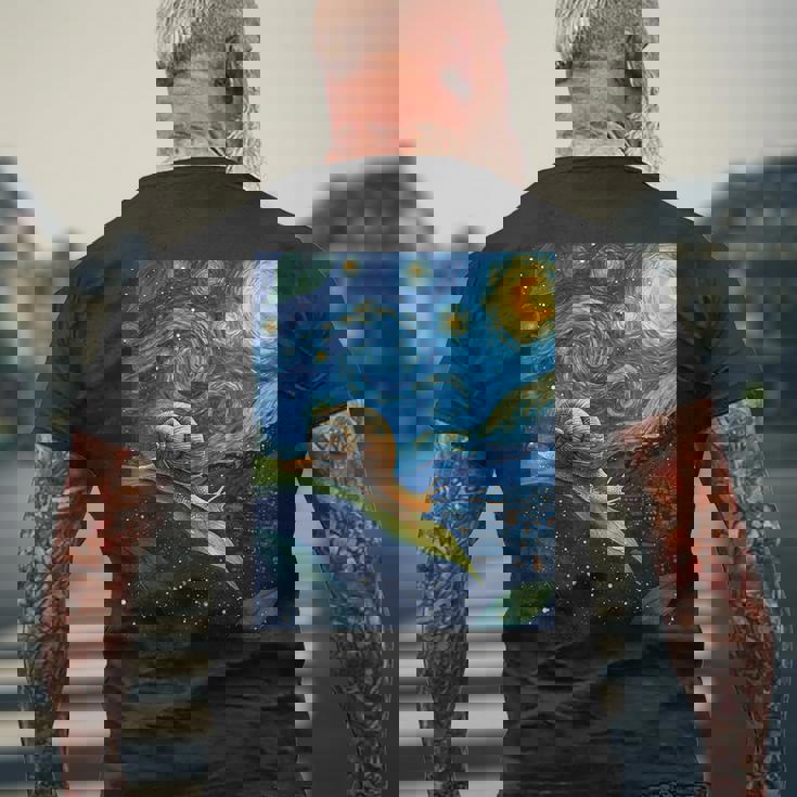 ゴッホの星空の夜のカタツムリスローモーバー動物愛好家 メンズTシャツ バックプリント 高齢者への贈り物