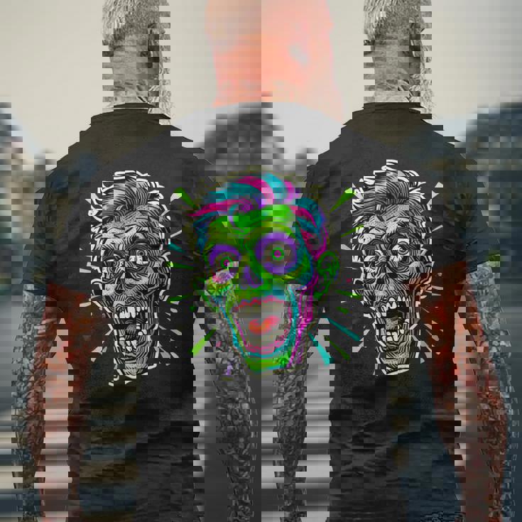 サイケデリック ゾンビヘッド ホラーアート 不気味なアンデッド メンズTシャツ バックプリント 高齢者への贈り物