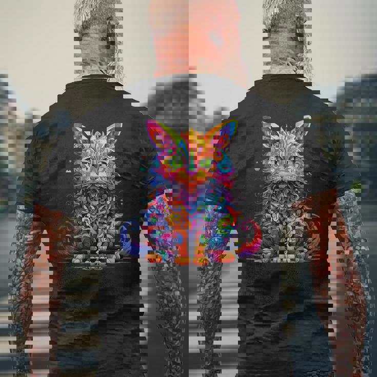 サイケデリック マンガ 猫 カラフル ファンタジー 曼荼羅スタイル メンズTシャツ バックプリント 高齢者への贈り物