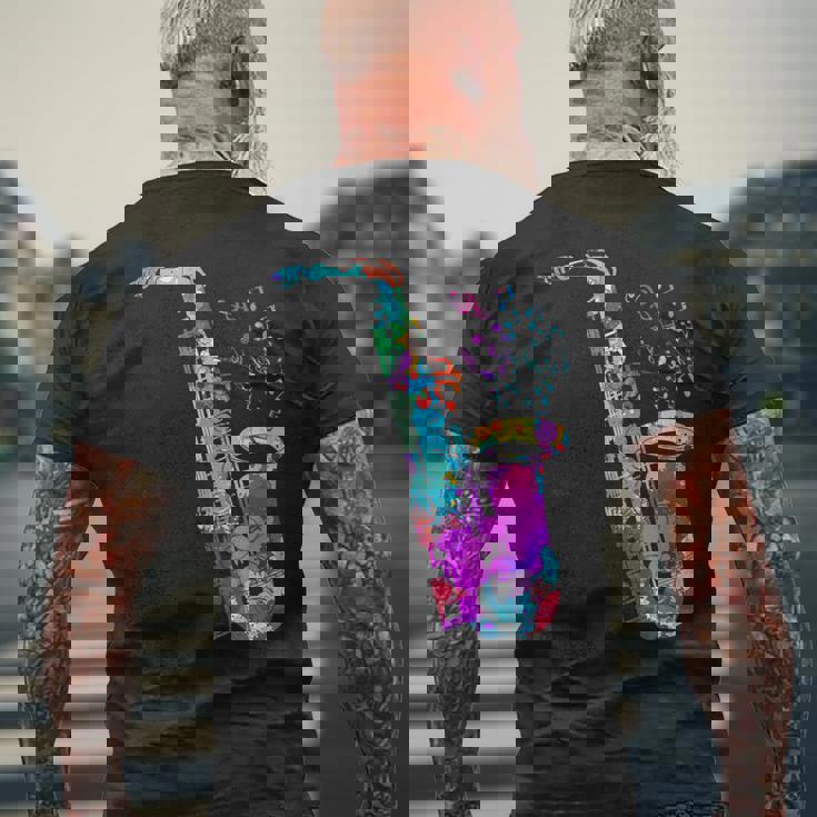 サクソフォン プレーヤー ジャズ 音符 サクソフォン カラフル サックス メンズTシャツ バックプリント 高齢者への贈り物