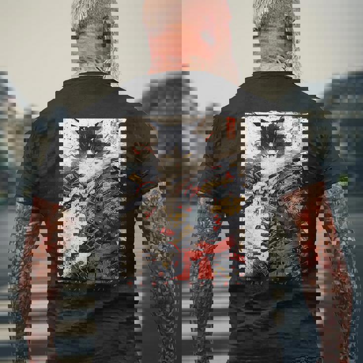 サムライ 猫戦士 浮世 墨絵 猫 サムライ メンズTシャツ バックプリント 高齢者への贈り物